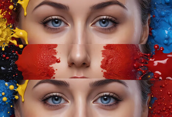 Faces of surreal colors with splashes of yellow, red, white, blue and black.	