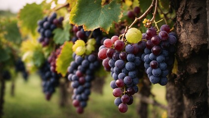 Close-up ripe grapes hanging from grape vine