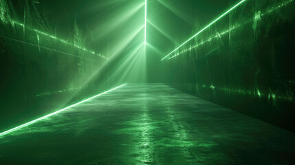 Futuristic neon garage background, perspective view of empty hallway with led green light. Modern design of abstract room, concrete hall interior. Concept of studio, scene, laser