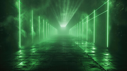 Futuristic neon garage background, perspective view of empty hallway with geometric led green...