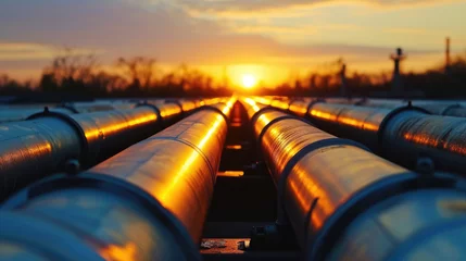 Fotobehang Factory pipeline at sunset, natural gas and oil pipes of refinery plant or petrochemical industry. Perspective view of steel industrial tube lines. Concept of energy, crude, background © karina_lo