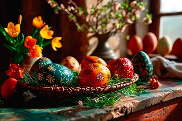 Hand-painted Easter eggs arranged in a small wicker basket.