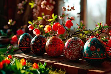Fototapeta na wymiar Colourful Easter eggs in the kitchen on the table, with a background of spring flowers.