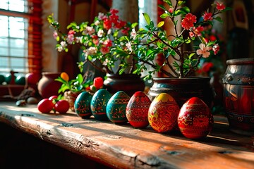 Colourful Easter eggs stand on a wooden table illuminated by the sun's rays.