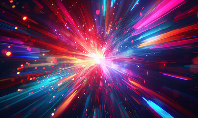 Naklejka premium Bright neon colors simulate warp speed motion in a dark space, representing high-speed travel or data streaming