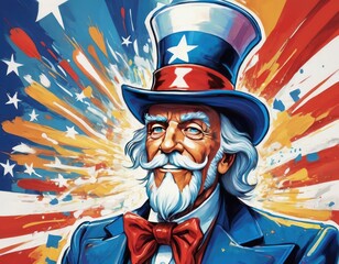 Cartoon Uncle Sam. Using blue, red and white colors.