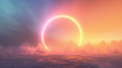 Neon Ring Rising Above Misty Landscape
