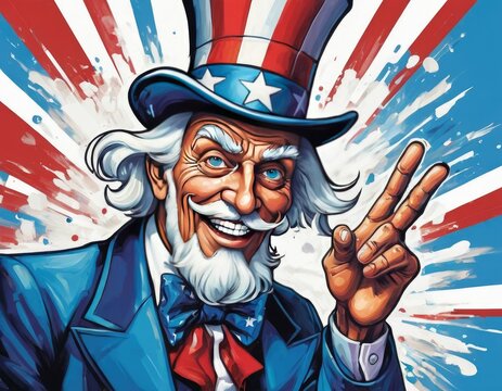 Cartoon Uncle Sam. Using blue, red and white colors.