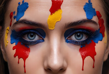 Faces of surreal colors with splashes of yellow, red, white, blue and black.	
