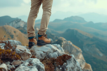 Side view, Close up legs of young asian hiking man standing, camera on kneck with happy on peak of rocky mountain, beautiful landscape in background, copy space