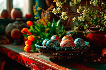 Presentation of handcrafted folk art products in an old country kitchen.