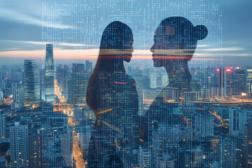 Double exposition de silhouettes féminines sur un paysage urbain et un fond rempli de chiffres, identité numérique des citoyens, protection des données et impacts de l'IA sur la vie privée