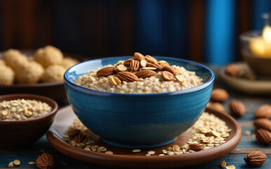 Obraz premium Blue bowl of muesli with nuts, close-up view. Oatmeal morning healthy breakfast