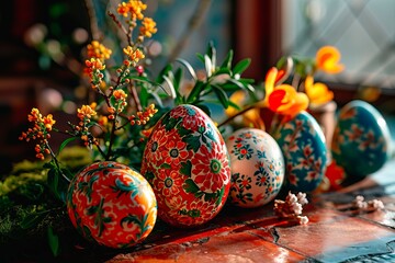 The traditional art of painting eggs with paints to celebrate Easter.