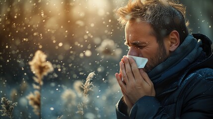Man with allergy sneezing - obrazy, fototapety, plakaty