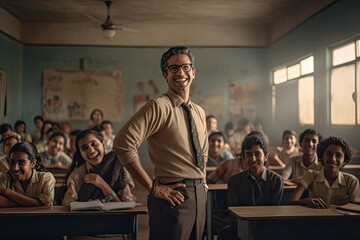 Obraz premium A smiling teacher in front of his students.
