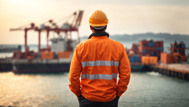 Engineer at work in the sea port. Maritime worker stand his back and look at the port crane with sea containers