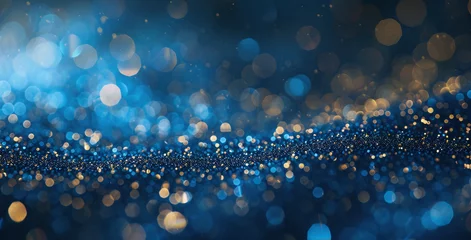 Foto op Aluminium A mystical blue night comes alive with the twinkling of golden bokeh sparkles, creating a serene yet enchanting scene.  © Mateusz