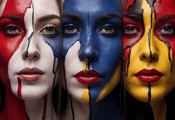 Faces of surreal colors with splashes of yellow, red, white, blue and black.	