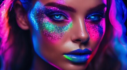 portrait of a woman with creative make up, pretty young woman UV Neon Pigment Makeup Fluorescent colors, dark background, UV makeup