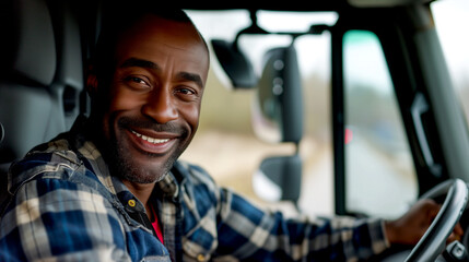 Smiling professional truck driver driving a car looking at the camera.