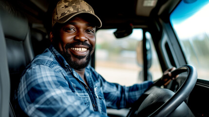 Obraz premium Smiling professional truck driver driving a car looking at the camera.