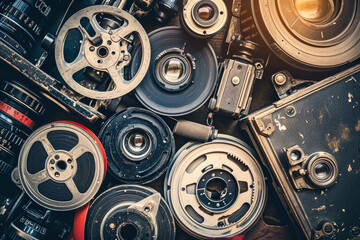 Fototapeta premium retro and nostalgic background with old film reels and vintage cameras