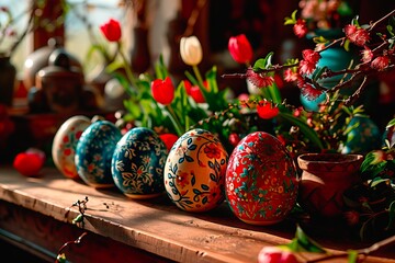 Easter eggs painted in folklore standing on a table seen in close-up.