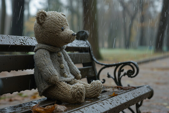 Lonely bear in a knitted gray sweater on a park bench, lost and alone in a rainy park. Loneliness concept, International Missing Children's Day