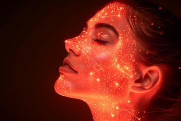 Visage d'une femme illuminée par une lumière surnaturelle, portrait onirique représentant l'éveil à la spiritualité et un moment de transcendance en méditation, constellations et carte des cieux