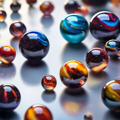 Colorful marbles resembling exoplanets and the universe on a white background reflective table