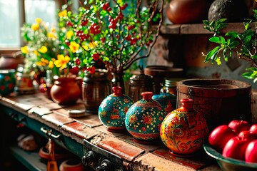Decorative jugs standing on a countertop in an old traditional country-style kitchen.