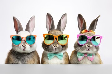 A group of cool Easter bunnies with sunglasses on white background.