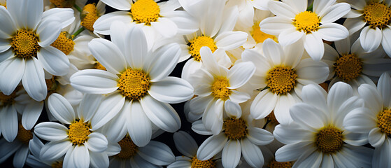 Ultra-wide close-up of white and yellow daisies, hyper-detailed renderings in Chris Friel style. UHD, organic, high-contrast, texture-rich. 32k UHD, photorealistic, warmcore. Yellow and white daisies