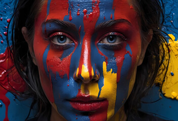 Faces of surreal colors with splashes of yellow, red, white, blue and black.	