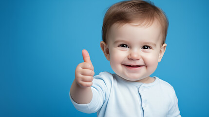 Portrait of cute baby giving thumbs up against blue background