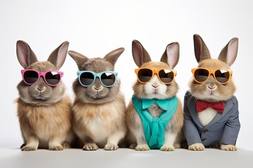 A group of cool Easter bunnies with sunglasses on white background.