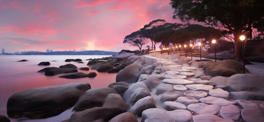 Sunlit walkway with rocks