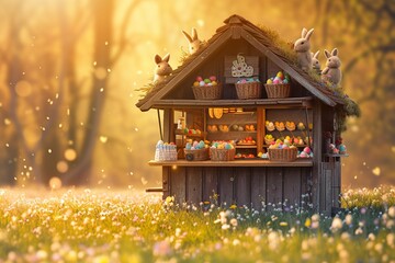A rustic, wooden-paneled food truck, reminiscent of a cozy cabin, is captured against a blurred backdrop of a flowering meadow. The truck is beautifully decorated with an Easter theme