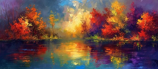 A Serene Reflection of Love: Vibrant Colors Dance on the Lake, Encapsulating the Essence of Love in a Mesmerizing Canvas of Colors, Lake, and Love