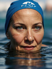 Mujer mayor practicnado natación con la determinación de una nadadora experimentada - obrazy, fototapety, plakaty