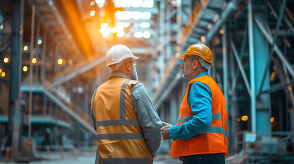 Photograph of a construction manager meeting with team at new factory