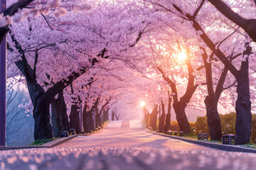 serene and zen-like background with cherry blossom trees - obrazy, fototapety, plakaty