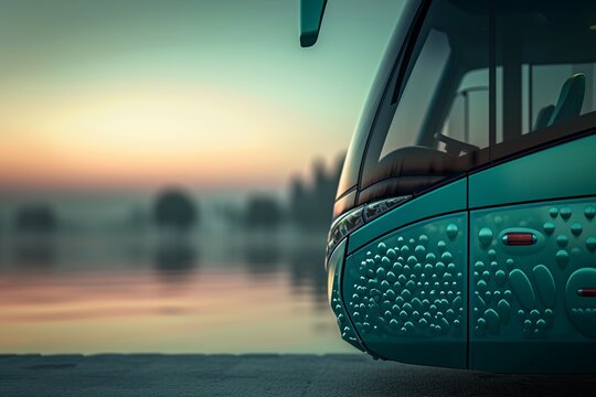 A sleek, modern bus, with a glossy teal exterior, is pictured with a blurred backdrop of a serene lake at dawn. The bus features a sophisticated Easter theme