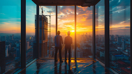 Photograph of a construction manager meeting with team at new buildings, sunset background - obrazy, fototapety, plakaty