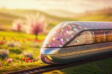 A sleek, modern train, adorned with a sophisticated Easter theme, blurred rolling, flower-filled meadows. The train's exterior is elegantly decorated with a mosaic of pastel-colored Easter eggs