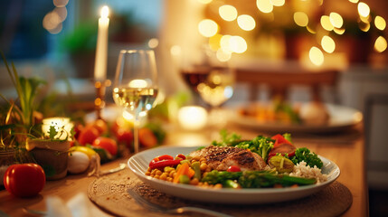family dinner scene with a focus on a healthy homemade meal, including grilled chicken, steamed vegetables, and brown rice, served on a dining table with warm