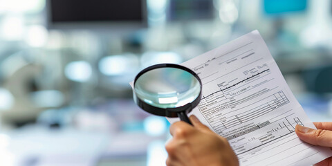 Fototapeta premium hand holding a magnifying glass over a medical bill, photorealistically focusing on the fine print and numbers, with a blurred background of medical equipment, in a clinical, bright setting