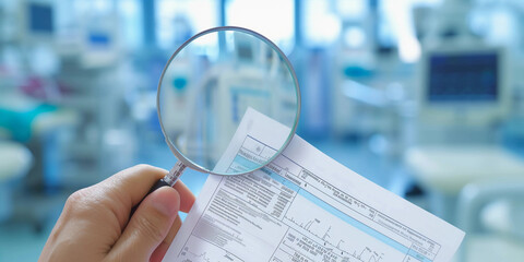 hand holding a magnifying glass over a medical bill, photorealistically focusing on the fine print and numbers, with a blurred background of medical equipment, in a clinical, bright setting - obrazy, fototapety, plakaty
