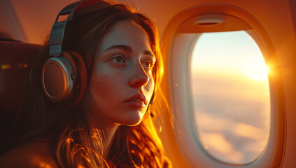As the sun sets, a woman gazes out of the airplane window, lost in her own world as she listens to music through her headphones